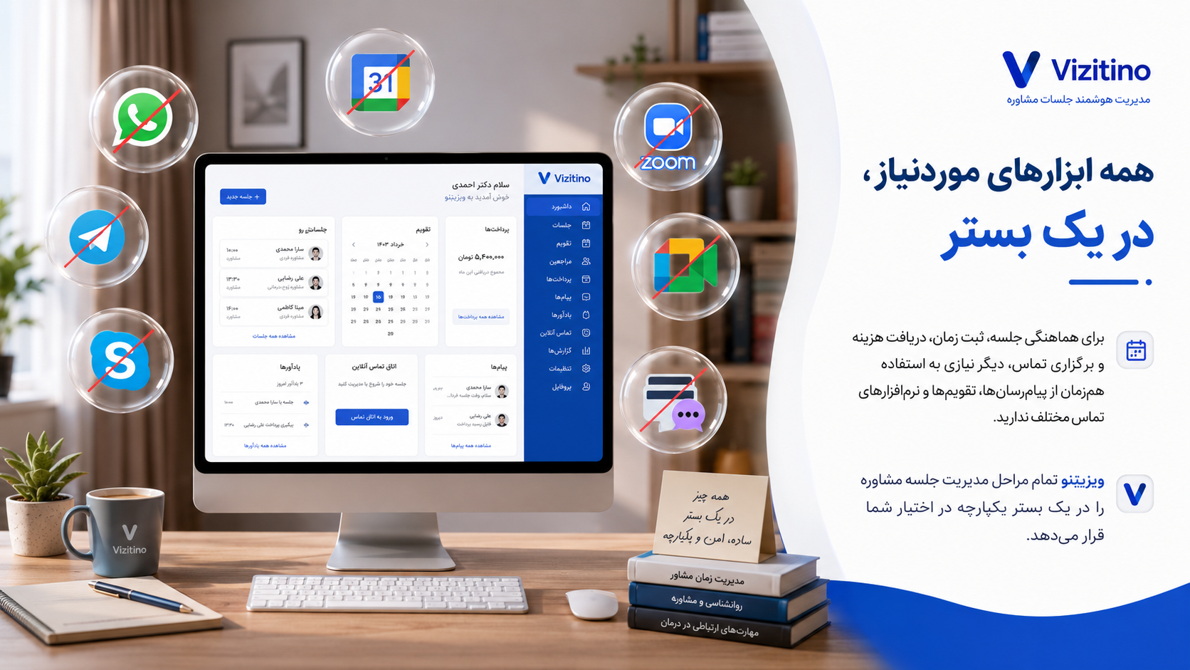 بنر ویزیتینو درباره یکپارچه بودن همه ابزارهای مدیریت جلسه